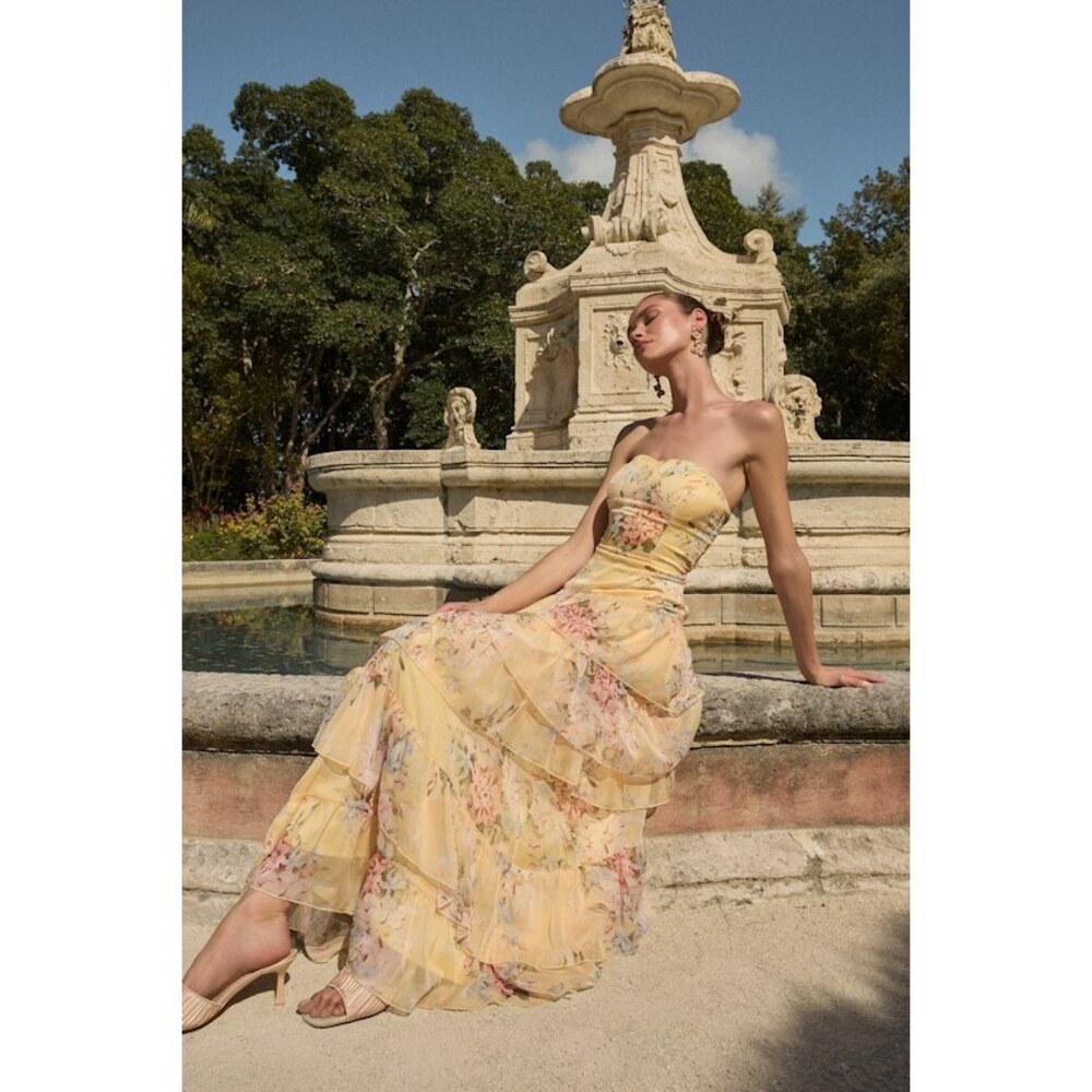 Lulus Niyati Yellow Floral Strapless Tiered Maxi Dress